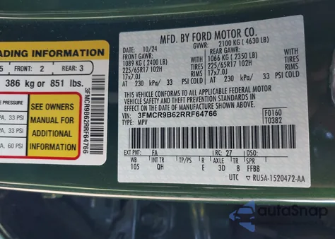 2024 Ford Bronco Sport Big Bend z USA, uszkodzony, nr VIN 3FMCR9B62RRF64766